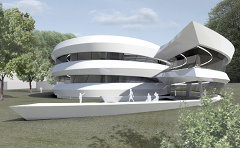 Entwurf des galaxienförmigen Gebäudes. Bild: Architekten Bernhardt+Partner