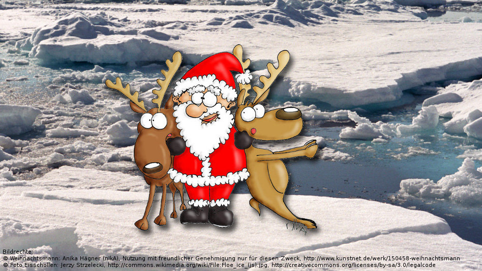 Das Eis am Nordpol schmilzt dahin. <br />© Weihnachtsmann: Anika Hägner (nIkA), Nutzung mit freundlicher Genehmigung nur für diesen Zweck, http://www.kunstnet.de/werk/150458-weihnachtsmann <br />© Foto Eisschollen: Jerzy Strzelecki, http://commons.wikimedia.org/wiki/File:Floe_ice_(js).jpg, http://creativecommons.org/licenses/by-sa/3.0/legalcode