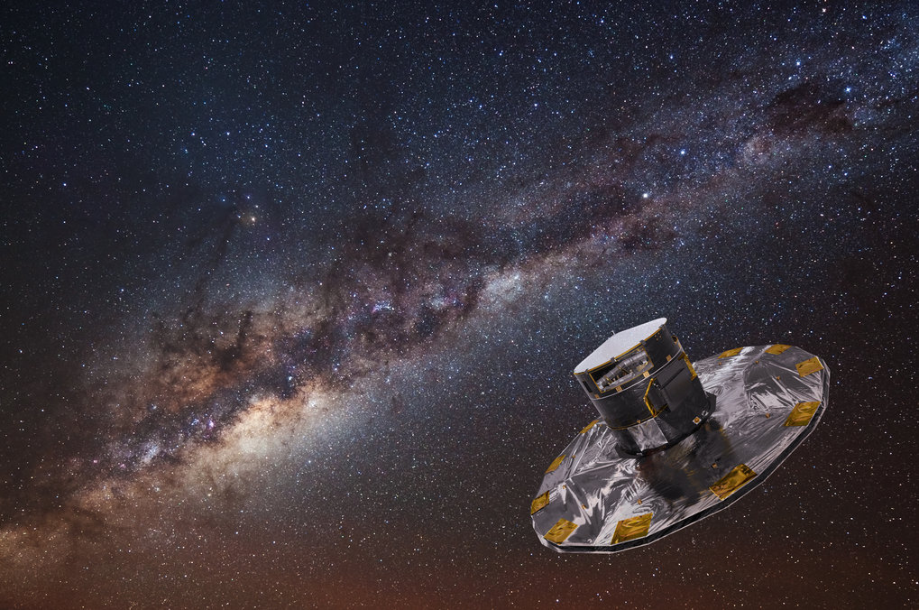 Künstlerische Darstellung der Gaia-Mission der ESA, der bis dato genauesten Vermessung des Weltalls. Bild: ESA/ATG medialab; background: ESO/S. Brunier unter Lizenz CC BY-SA 3.0 IGO, https://creativecommons.org/licenses/by-sa/3.0/igo/legalcode