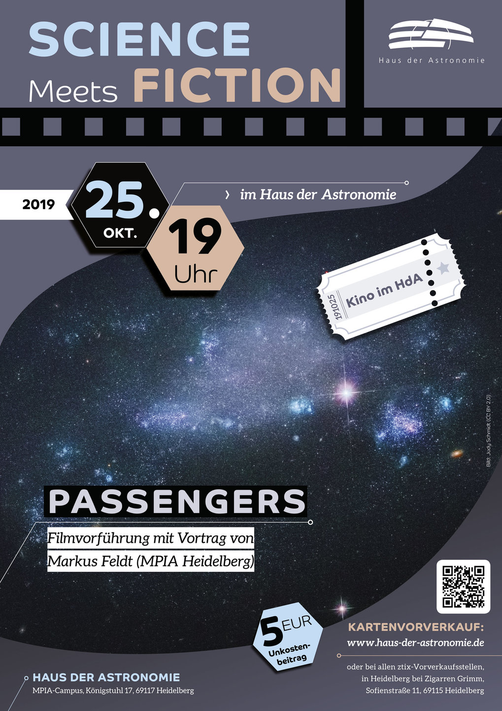 Plakat zur Ankündigung der Veranstaltung "Science Meets Fiction: Passengers" - Details zur Veranstaltung vor dem Hintergrund einer irregulären Galaxie