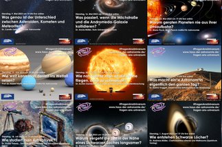 Kollage von neun verschiedenen Ankündigungskarten für einzelne Vorträge aus der Reihe Fragen ans Universum