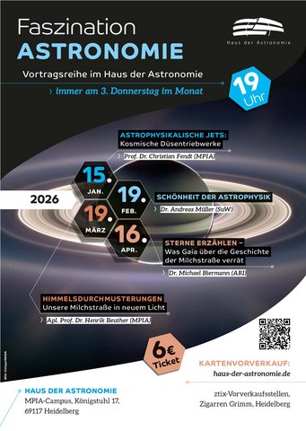 Poster der Vortragsreihe Faszination Astronomie am Haus der Astronomie für die ersten vier Monate des Jahres 2026