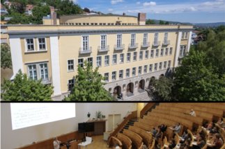 Physik-Hörsaalgebäude der Universität Jena (oben) und großer Hörsaal (unten)