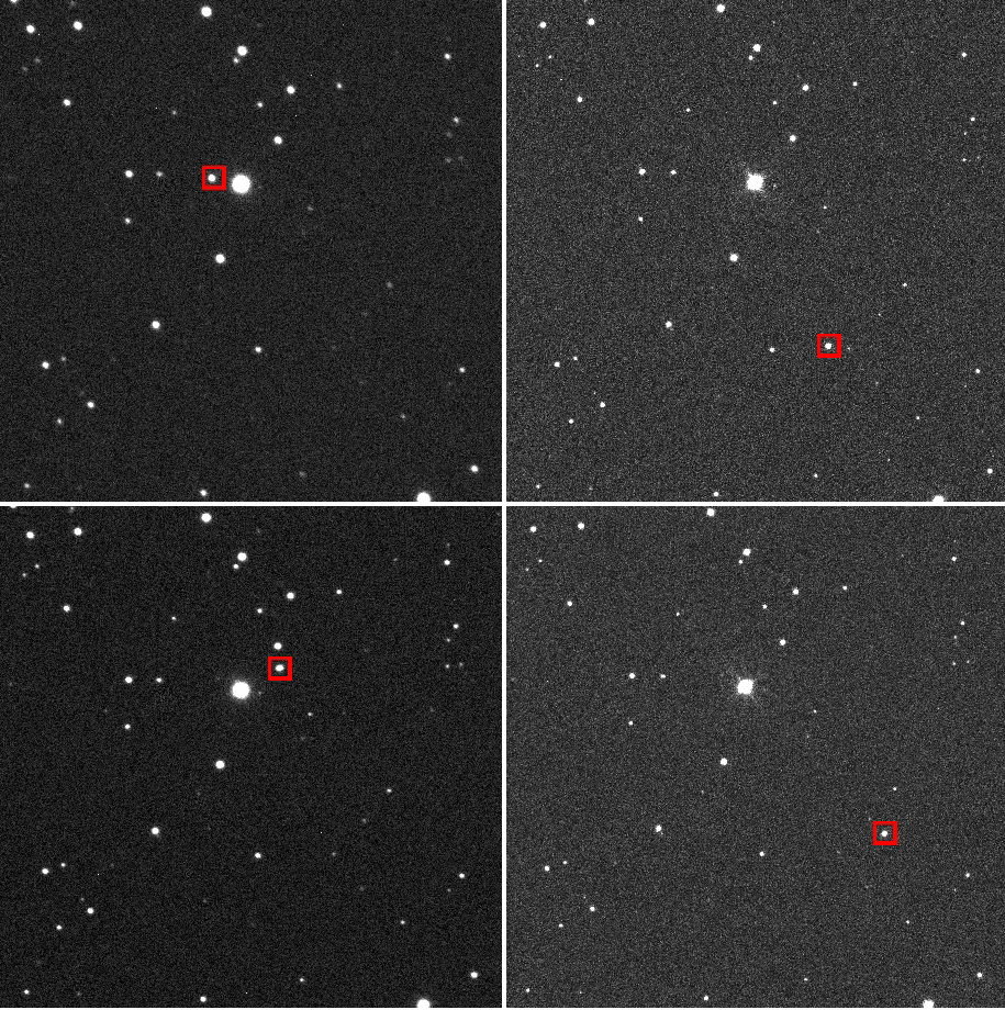 Diese vier Aufnahmen zeigen Apophis zu zwei verschiedenen Zeitpunkten. Sie demonstrieren sowohl die Eigenbewegung des Asteroiden am Himmel als auch den unterschiedlichen Blickwinkel auf ihn vor dem Hintergrund weit entfernter Sterne, die Parallaxe. Die Aufnahmen der linken Spalte stammen vom Faulkes Telescope South am Siding-Spring-Observatorium (Australien), die der rechten Spalte stammen vom Faulkes Telescope North auf dem Vulkan Haleakala (Hawaii). Die Bilder in der oberen Zeile sind gegen 12:46 MEZ aufgenommen, die Aufnahmen in der unteren Zeile gegen 12:56 MEZ.