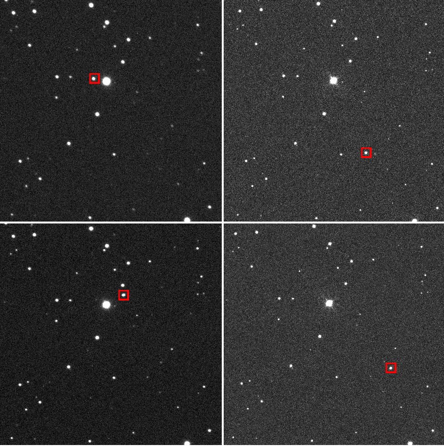 Diese vier Aufnahmen zeigen Apophis zu zwei verschiedenen Zeitpunkten. Sie demonstrieren sowohl die Eigenbewegung des Asteroiden am Himmel als auch den unterschiedlichen Blickwinkel auf ihn vor dem Hintergrund weit entfernter Sterne, die Parallaxe. Die Aufnahmen der linken Spalte stammen vom Faulkes Telescope South am Siding-Spring-Observatorium (Australien), die der rechten Spalte stammen vom Faulkes Telescope North auf dem Vulkan Haleakala (Hawaii). Die Bilder in der oberen Zeile sind gegen 12:46 MEZ aufgenommen, die Aufnahmen in der unteren Zeile gegen 12:56 MEZ.