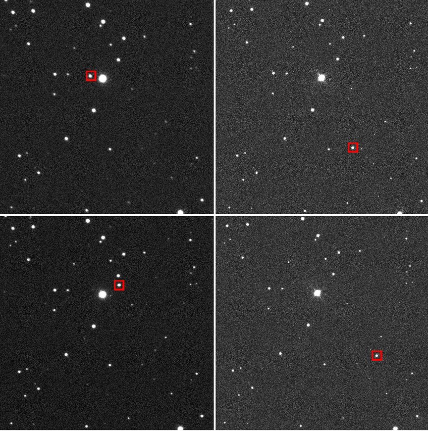 Diese vier Aufnahmen zeigen Apophis zu zwei verschiedenen Zeitpunkten. Sie demonstrieren sowohl die Eigenbewegung des Asteroiden am Himmel als auch den unterschiedlichen Blickwinkel auf ihn vor dem Hintergrund weit entfernter Sterne, die Parallaxe. Die Aufnahmen der linken Spalte stammen vom Faulkes Telescope South am Siding-Spring-Observatorium (Australien), die der rechten Spalte stammen vom Faulkes Telescope North auf dem Vulkan Haleakala (Hawaii). Die Bilder in der oberen Zeile sind gegen 12:46 MEZ aufgenommen, die Aufnahmen in der unteren Zeile gegen 12:56 MEZ. Diese vier Aufnahmen zeigen Apophis zu zwei verschiedenen Zeitpunkten. Sie demonstrieren sowohl die Eigenbewegung des Asteroiden am Himmel als auch den unterschiedlichen Blickwinkel auf ihn vor dem Hintergrund weit entfernter Sterne, die Parallaxe. Die Aufnahmen der linken Spalte stammen vom Faulkes Telescope South am Siding-Spring-Observatorium (Australien), die der rechten Spalte stammen vom Faulkes Telescope North auf dem Vulkan Haleakala (Hawaii). Die Bilder in der oberen Zeile sind gegen 12:46 MEZ aufgenommen, die Aufnahmen in der unteren Zeile gegen 12:56 MEZ.