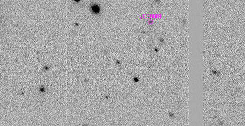 Animation des Asteroiden 2011 FX116, den Schüler*innen der Johann-Christian-Senckenberg-Schule in Runkel im Rahmen dieses Projekts entdeckt haben. Animation einer Zeitserie von invertierten Teleskopaufnahmen, die einen sich bewegenden Asteroiden zeigt, der zusätzlich mit einer pinken Markierung gekennzeichnet ist