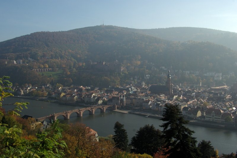 Die Heidelberger Altstadt mit Alter Brücke und Schloss vom Philosophenweg aus. Im Hintergrund der Gipfel des Königstuhl.