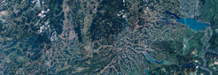 Simulation einer Aufnahme des Grenzgebiets von Frankreich, Deutschland und Schweiz durch Sentinel-2.