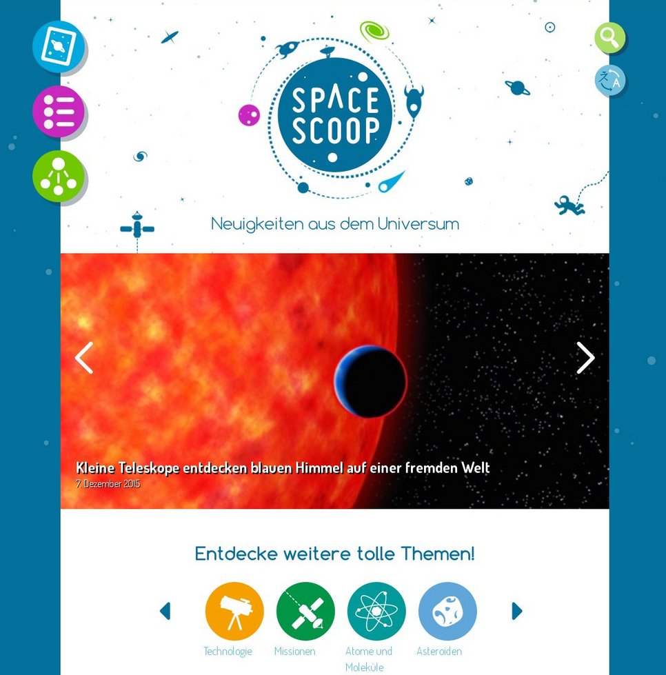 Bildschirmanzeige der Space Scoop-Internetseite.