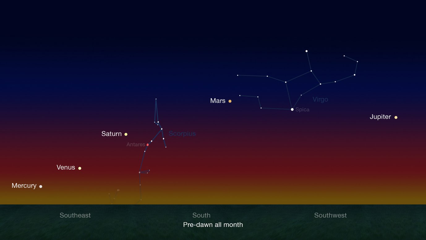 Alignment of the solar system planets in the night sky before sunrise by the end of January until mid-February 2016