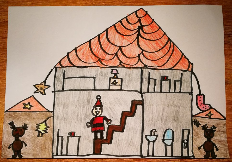 Amara, 6 Jahre alt, hat uns dieses Bild mit dem neuen Haus des Weihnachtsmanns geschickt.