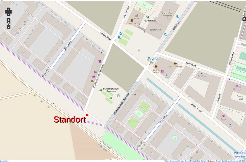 Karte des Standorts zur Beobachtung der Mondfinsternis. Der Ausschnitt zeigt die Paffengrunder Terrasse in Heidelberg-Bahnstadt. Karte des Standorts zur Beobachtung der Mondfinsternis. Der Ausschnitt zeigt die Paffengrunder Terrasse in Heidelberg-Bahnstadt.