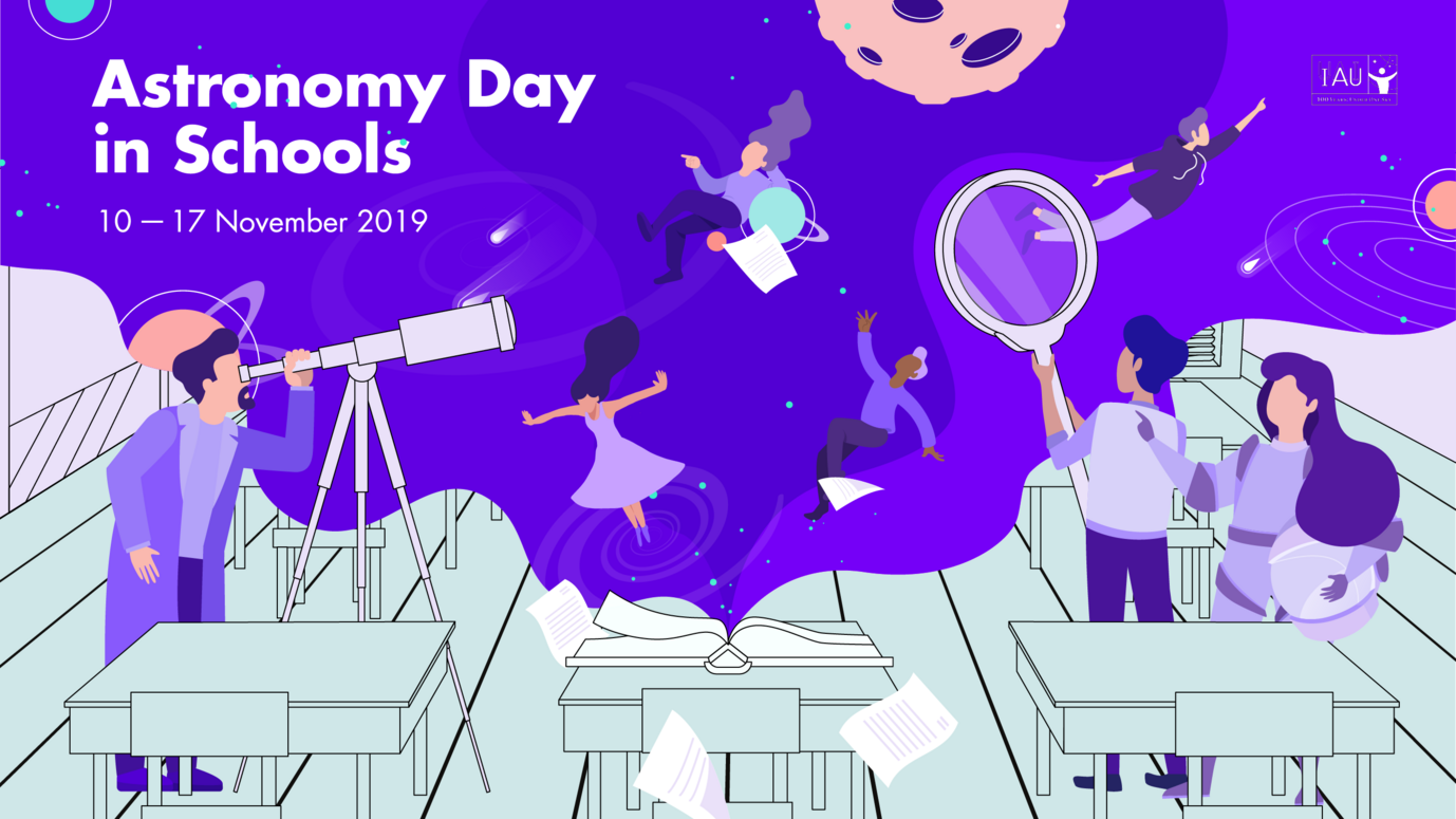 The Astronomy Day in Schools logo: a drawing that  illustrates how teachers and students perfrom astronomy activities in the classroom