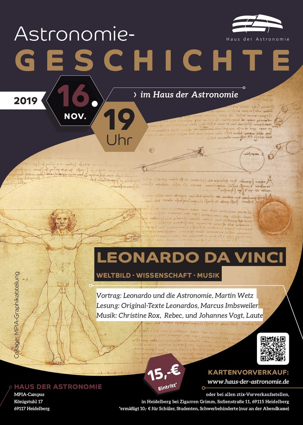 Poster zur Veranstaltung "Leonardo und die Astronomie" am 16. November 2019 um 19 Uhr