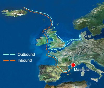 Die Reise des Pytheas von Massalia gemäß Cunliffe (2003).
