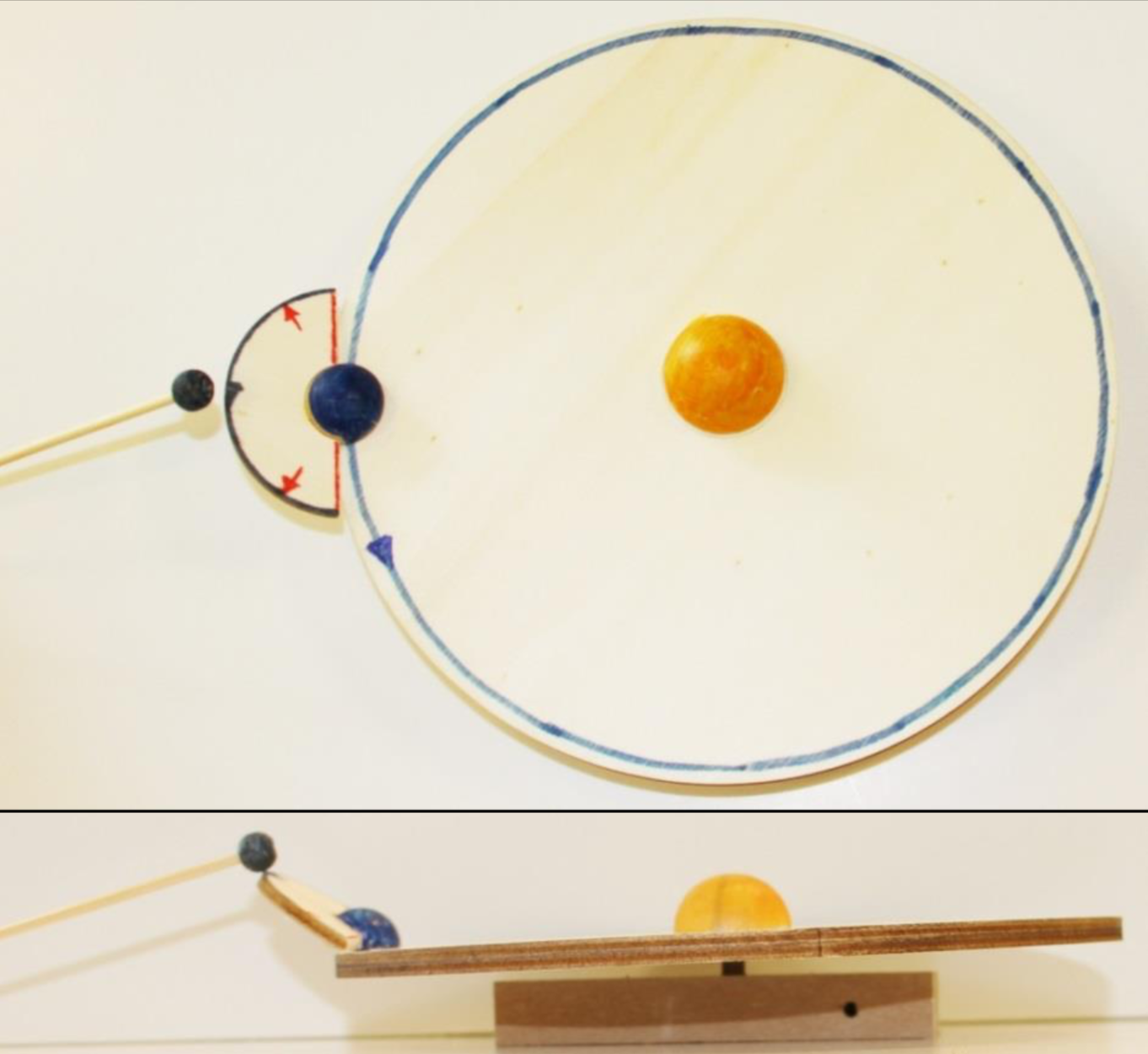 



Lunarium in Drauf- und Seitenansicht.Das hier gezeigte Lunarium be- steht aus der Erdbahnebene (auf- steckbar auf einen Ständer) mit blau markiertem Erdumlauf, der blau eingefärbten Erde und der gelben Sonne, der in den Erdor- bit einsteckbaren Mondbahnebe- ne mit grau markiertem Mondor- bit und dem grau eingefärbten Mond an einem dünnen Stab.
In der Mondbahnebene wurden die Knotenlinie und die Grenzender „Finsternis-Fenster“ rot ge- kennzeichnet.
In Draufsicht können die Mond- phasen demonstriert werden; hier im Bild der Vollmond. Die Seitenansicht zeigt, dass es trotz (dieser) Vollmondstellung zu kei- ner Mondfinsternis kommen kann, weil sich der Mond wegen der Neigung seiner Bahnebene zur Erdbahnebene oberhalb des Erdschattens befindet.



