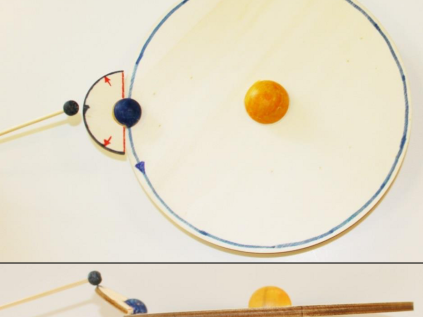 Lunarium in Drauf- und Seitenansicht.Das hier gezeigte Lunarium be- steht aus der Erdbahnebene (auf- steckbar auf einen Ständer) mit blau markiertem Erdumlauf, der blau eingefärbten Erde und der gelben Sonne, der in den Erdor- bit einsteckbaren Mondbahnebe- ne mit grau markiertem Mondor- bit und dem grau eingefärbten Mond an einem dünnen Stab.
In der Mondbahnebene wurden die Knotenlinie und die Grenzender „Finsternis-Fenster“ rot ge- kennzeichnet.
In Draufsicht können die Mond- phasen demonstriert werden; hier im Bild der Vollmond. Die Seitenansicht zeigt, dass es trotz (dieser) Vollmondstellung zu kei- ner Mondfinsternis kommen kann, weil sich der Mond wegen der Neigung seiner Bahnebene zur Erdbahnebene oberhalb des Erdschattens befindet.
 
Lunarium in Drauf- und Seitenansicht.Das hier gezeigte Lunarium be- steht aus der Erdbahnebene (auf- steckbar auf einen Ständer) mit blau markiertem Erdumlauf, der blau eingefärbten Erde und der gelben Sonne, der in den Erdor- bit einsteckbaren Mondbahnebe- ne mit grau markiertem Mondor- bit und dem grau eingefärbten Mond an einem dünnen Stab.
In der Mondbahnebene wurden die Knotenlinie und die Grenzender „Finsternis-Fenster“ rot ge- kennzeichnet.
In Draufsicht können die Mond- phasen demonstriert werden; hier im Bild der Vollmond. Die Seitenansicht zeigt, dass es trotz (dieser) Vollmondstellung zu kei- ner Mondfinsternis kommen kann, weil sich der Mond wegen der Neigung seiner Bahnebene zur Erdbahnebene oberhalb des Erdschattens befindet.