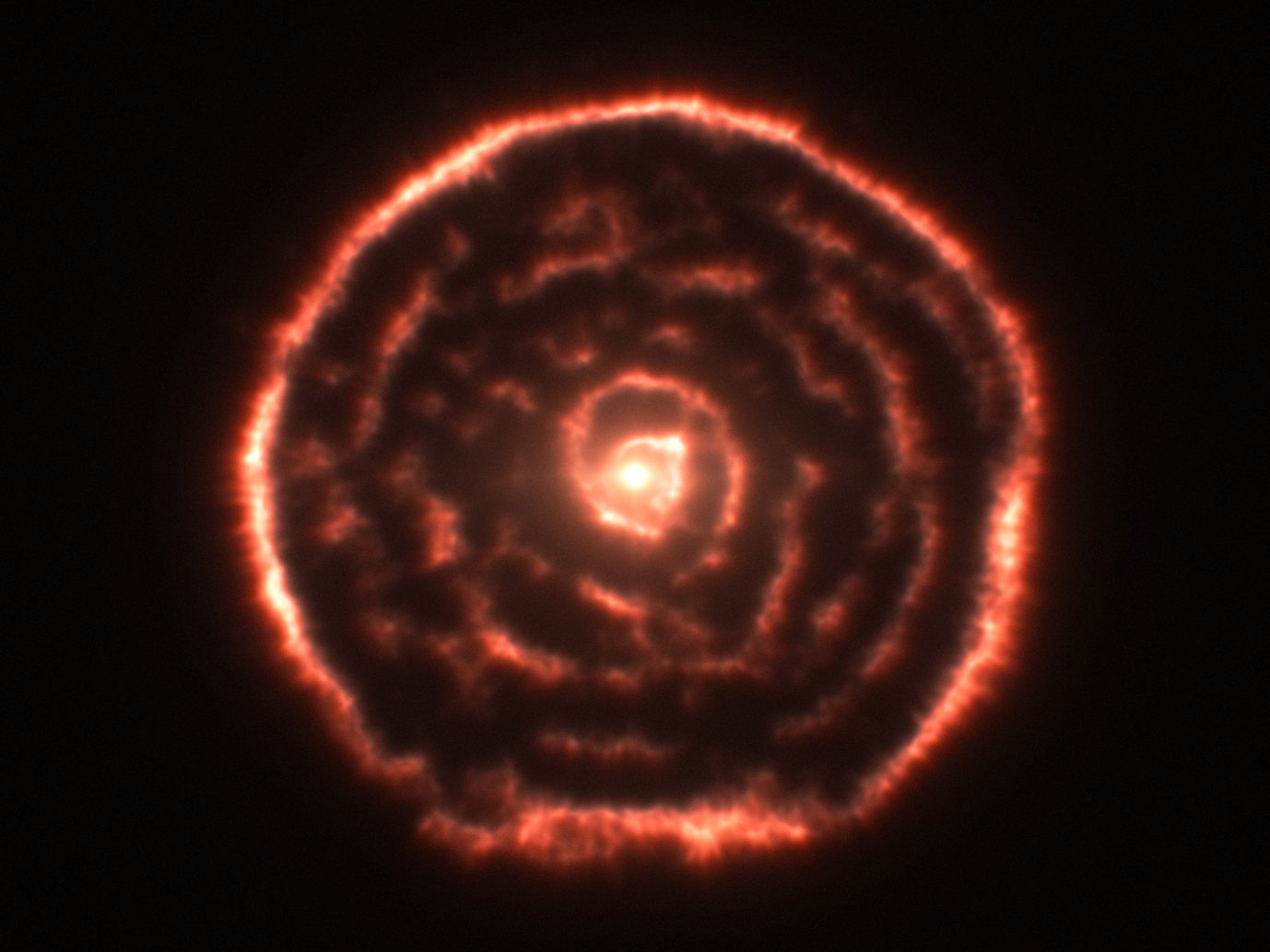 



Spiralmuster im Sternwind des Sterns R Sculptoris - Baustofftransport für die kommende Sterngeneration.



