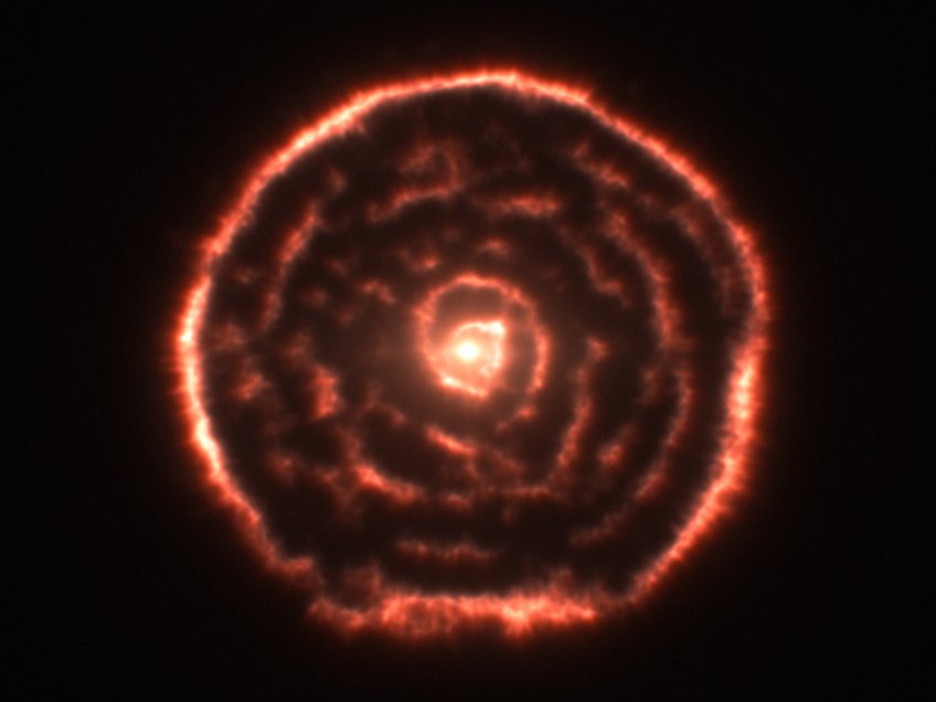 Spiralmuster im Sternwind des Sterns R Sculptoris - Baustofftransport für die kommende Sterngeneration.
 
Spiralmuster im Sternwind des Sterns R Sculptoris - Baustofftransport für die kommende Sterngeneration.