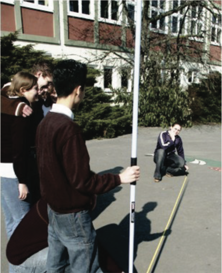 Schüler(innen) beim Messen des Sonnenschattens.