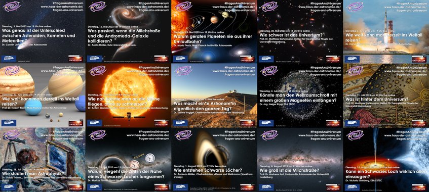 Vorschaubild zum nächsten Vortrag bei Fragen ans Universum Mosaik aus 15 verschiedenen Ankündigungsfolien für einzelne Vortrage aus der Reihe Fragen ans Universum