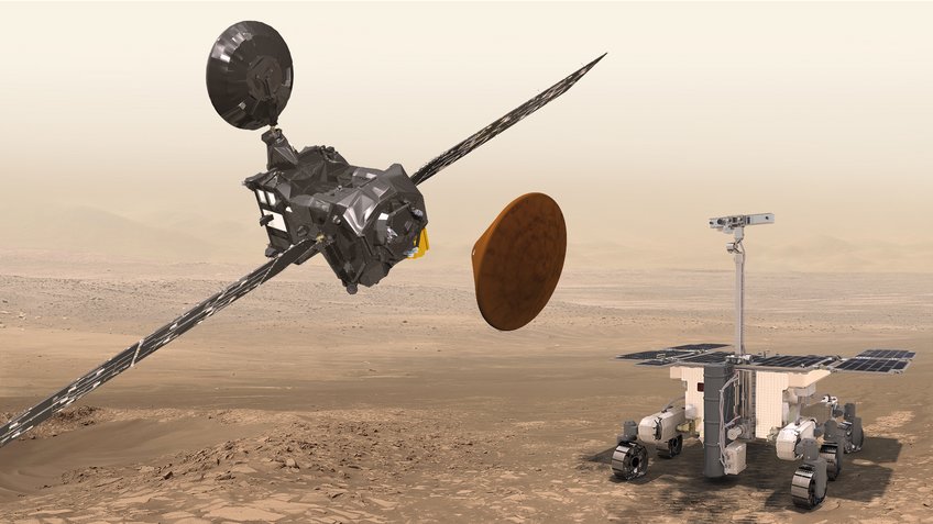 Künstlerische Darstellung des Trace Gas Orbiter (TGO, oben links) und des Eintritts-, Abstiegs- und Lande-Demonstratormoduls, Schiaparelli (Mitte) und des ExoMars Rovers (unten rechts). Künstlerische Darstellung des Trace Gas Orbiter (TGO, oben links) und des Eintritts-, Abstiegs- und Lande-Demonstratormoduls, Schiaparelli (Mitte) und des ExoMars Rovers (unten rechts).