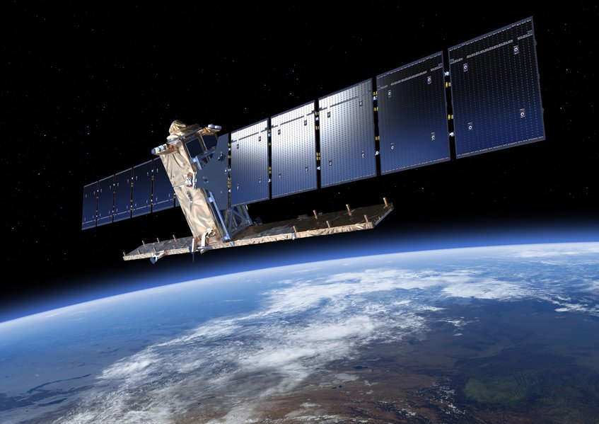 Computergrafik des am 3. April 2014 gestarteten Sentinel-1A-Satelliten. Computergrafik des am 3. April 2014 gestarteten Sentinel-1A-Satelliten.