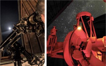 Links: Der historische (Hoffmeister-)Refraktor bei der öffentlichen Mond-beobachtung. © Denise Böhm-Schweizer. Rechts: Das „Fernsehteleskop“ im Einsatz bei einer Lehrerfortbildung. Links: Der historische (Hoffmeister-)Refraktor bei der öffentlichen Mond-beobachtung. © Denise Böhm-Schweizer. Rechts: Das „Fernsehteleskop“ im Einsatz bei einer Lehrerfortbildung.