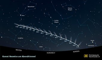 Finding chart for comet C/2020 F3 (NEOWISE) in the evening sky. Finding chart for comet C/2020 F3 (NEOWISE) in the evening sky.