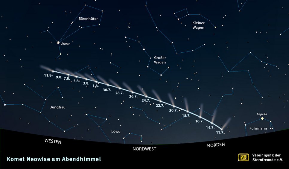 Aufsuchkarte für den Kometen C/2020 F3 (NEOWISE) am Abendhimmel.