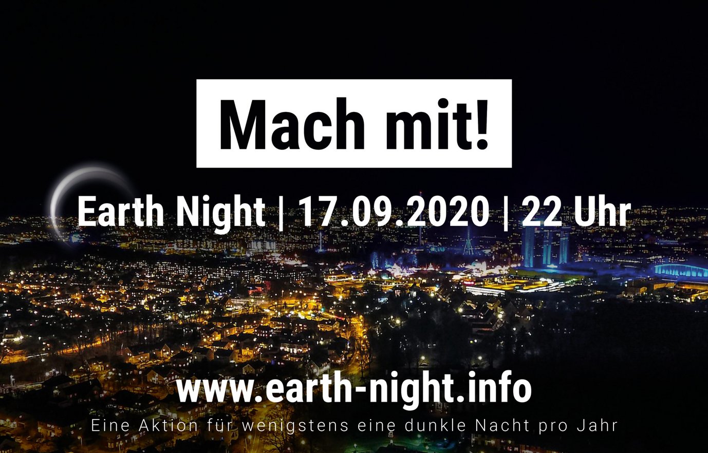 Banner "Earth Night on 17. September 2020 - take part!" with the nighttime skyline of a city in the background