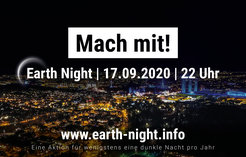 Banner "Earth Night am 17. September 2020 - mach mit!" mit der nächtlichen Skyline einer Großstadt im Hintergrund