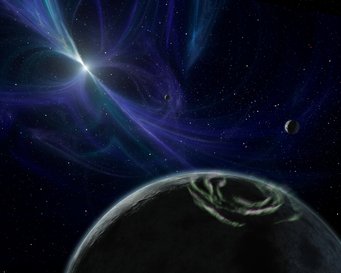Artist's impression of three planetes orbiting a small bright object with magnetic fields made visible by blueish matter. One of the planets shows aurorae Artist's impression of three planetes orbiting a small bright object with magnetic fields made visible by blueish matter. One of the planets shows aurorae