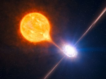 Double star system consisting of an orange-yellow star and a small, bright object surrounded by a disk and emitting a jet. Matter flows from the star to the other object Double star system consisting of an orange-yellow star and a small, bright object surrounded by a disk and emitting a jet. Matter flows from the star to the other object