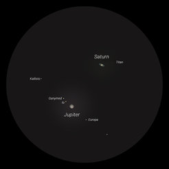 Anblick von Jupiter und Saturn am 21. Dezember 2020 im Teleskop. Neben Jupiter sind die vier galileischen Monde zu sehen, rechts neben Saturn dessen hellster Mond Titan.