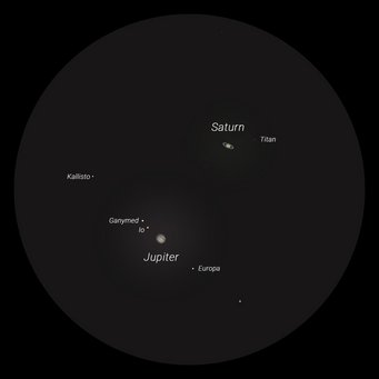 Anblick von Jupiter und Saturn am 21. Dezember 2020 im Teleskop. Neben Jupiter sind die vier galileischen Monde zu sehen, rechts neben Saturn dessen hellster Mond Titan. Anblick von Jupiter und Saturn am 21. Dezember 2020 im Teleskop. Neben Jupiter sind die vier galileischen Monde zu sehen, rechts neben Saturn dessen hellster Mond Titan.