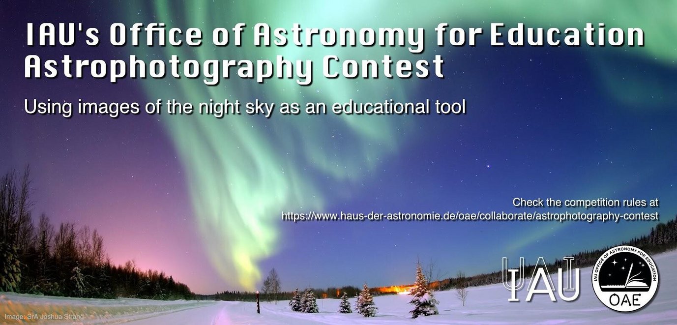 Banner announcing the OAE astrophotography contest. In the background aurora above a snow-covered landscape