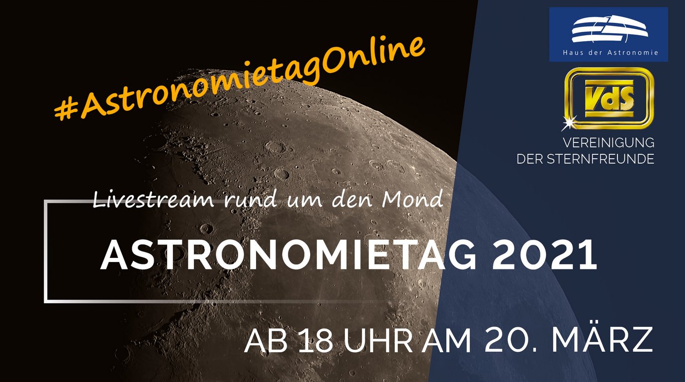Ankündigung des Livestreams rund um den Mond am 20. März 2021 ab 18 Uhr. Im Hintergrund eine Nahaufnahme des Mondes