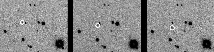 Dreiteilige invertierte Schwarzweiß-Sequenz der Bewegung eines Asteroiden vor dem Sternhimmel