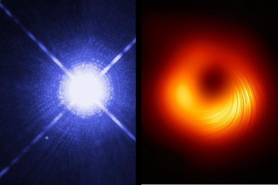 Links: Sirius A mit dem Weißen Zwerg Sirius B (links unten). Rechts: Bild des Schwarzen Lochs in M87 mit dem Event Horizon Telescope