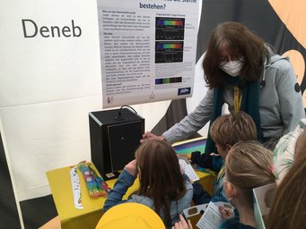 Die Kinder betrachten das durch eine Regenbogenbrille aufgespaltene Licht einer Glühbirne Die Kinder betrachten das durch eine Regenbogenbrille aufgespaltene Licht einer Glühbirne