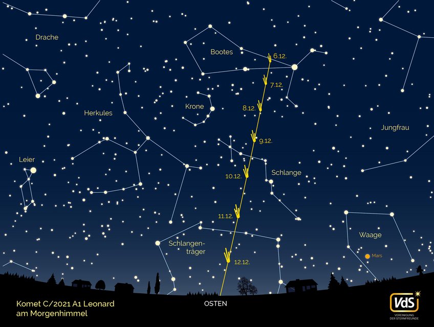 Finding chart for comet Leonard in the morning sky Finding chart for comet Leonard in the morning sky