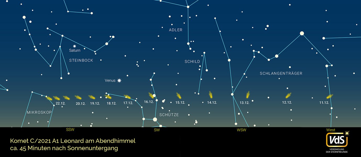 Finding chart for comet Leonard in the evening sky