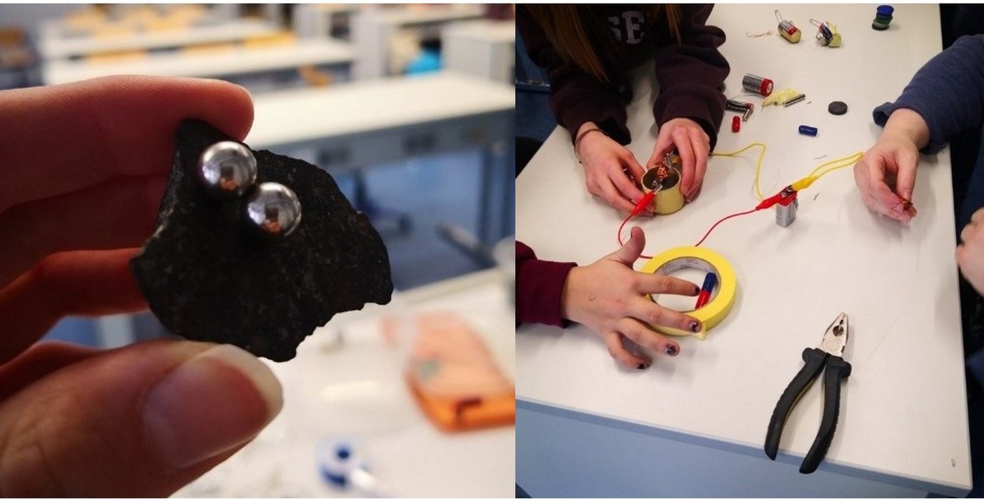 Abbildung 3: Manche Meteoriten enthalten Eisen (Links) Die Mädchen bauten mit Steffi einen kleinen Elektromotor (Rechts)