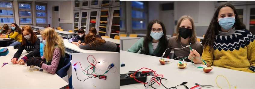 Abbildung 3: Es werden selbst Stromkreise zusammengebaut (Links)Apfelbatterie aus Apfelspalten und Zink- und Kupferblättchen (Rechts)   Abbildung 3: Es werden selbst Stromkreise zusammengebaut (Links)Apfelbatterie aus Apfelspalten und Zink- und Kupferblättchen (Rechts)