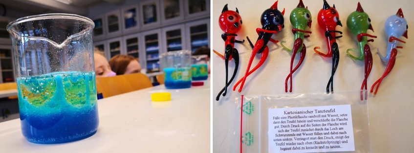 Abbildung 3: Selbstgebaute Lavalampe (links) Spaß mit kartesichen Tauchern hatten die Mädels ebenfalls (rechts) Abbildung 3: Selbstgebaute Lavalampe (links) Spaß mit kartesichen Tauchern hatten die Mädels ebenfalls (rechts)