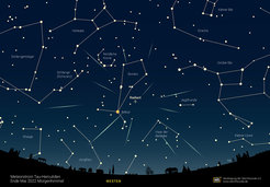 Star chart centered around the constellation Bootes. The radiant of the Tau Herculids is marked by shooting stars emerging from it