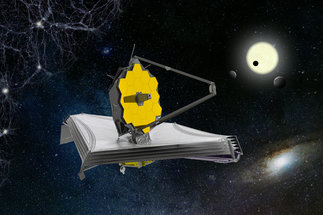 Das Weltraumteleskop James Webb befindet sich vor einem schwarzen Hintergrund. Links im Bild ist das kosmische Netzwerk aus dunkler Materie angedeutet. Rechts sind eine künstlerische Darstellung eines Planeten, der vor einem Stern vorbeizieht, sowie das Bild einer Galaxie zu sehen.