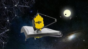 Artist's impression of the James Webb Space Telescope The James Webb space telescope is in front of a black background. On the left of the image, the cosmic network of dark matter is indicated. On the right is an artistic representation of a planet passing in front of a star and the image of a galaxy.